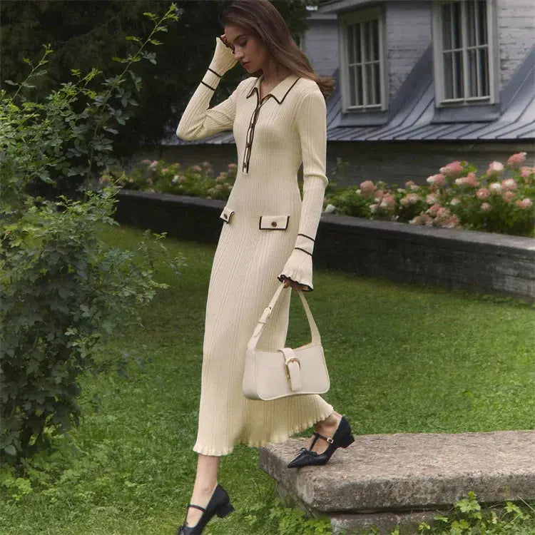 Button Lapel Slim Fit Knitted Women's Long Sleeve Turn-down Collar Sweater Dress Button Rib Slim Ruffles Elegant Maxi Dress