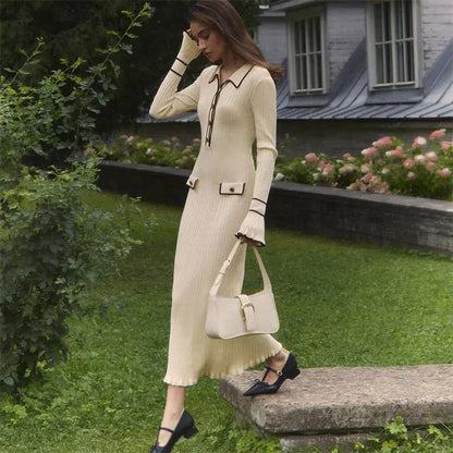 Button Lapel Slim Fit Knitted Women's Long Sleeve Turn-down Collar Sweater Dress Button Rib Slim Ruffles Elegant Maxi Dress