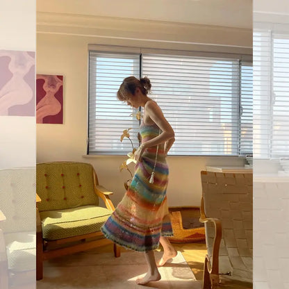 knitwear custom knit women summer dress fashion 2024 striped fuzzy casual sleeveless sexy mohair long sweater dresses bodycon