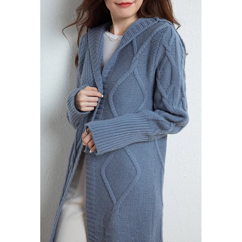 Custom hoodie Sweater maxi long coat female hooded plus size cable chunky long knitted cotton women sweater cardigan for women