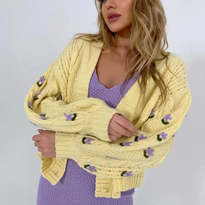 Chic Flower Knitted Cardigan – Women’s V-neck Long Sleeve Loose Sweater Coat, Korean Fashion Top