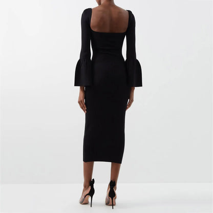 knitwear manufacturer Custom black casual women dress Cutout elegant ribbed knitted midi sweater dress elegant women clothing
