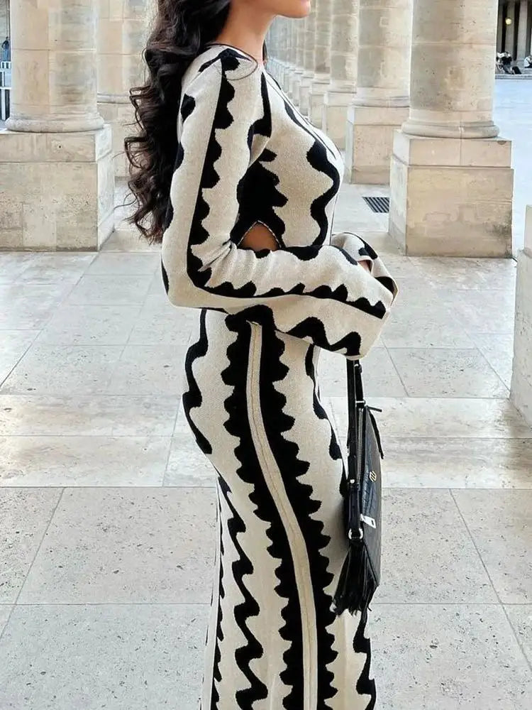 Autumn Party Flared Long Sleeve Sexy Hollow Out Jacquard Knit Maxi Dress for Women
