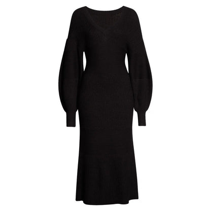 Custom Knitwear ladies elegant Rib Knit dress puff long sleeve formal dress casual Womens Sweater Dress Clothing for women