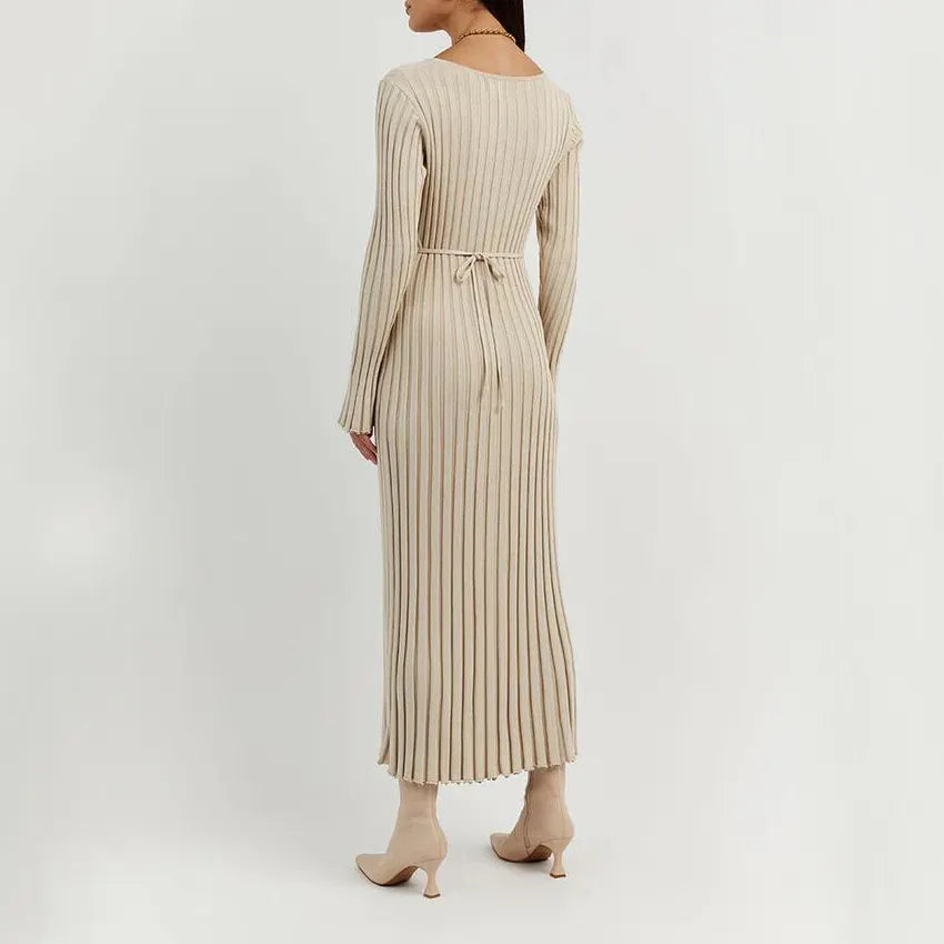 Custom Elegant women Rib knit maxi long dress solid color fashion winter knitwear long sleeve dress women casual sweater dress