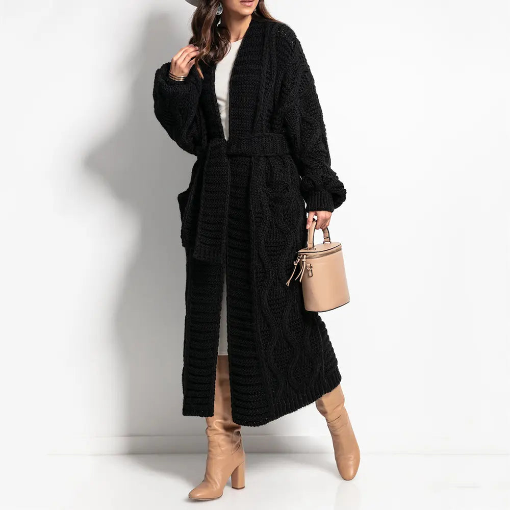 Custom knit cardigan sweater Long Sleeve Alpaca wool Knitted Bandage maxi Long chunky knit Cardigan Sweater Women with belt