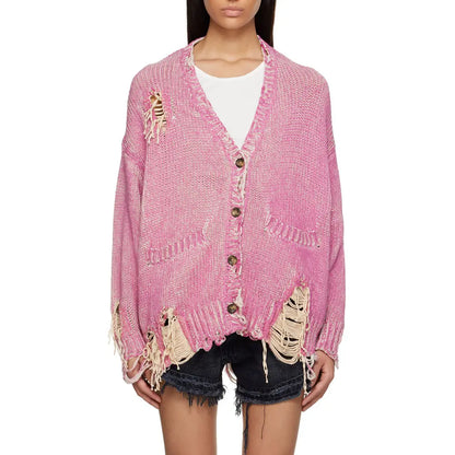 Knitwear Custom oversized Women sweater Fashion Pullover Distressed Knitted cardigan Winter Pink cardigan Sweater for women