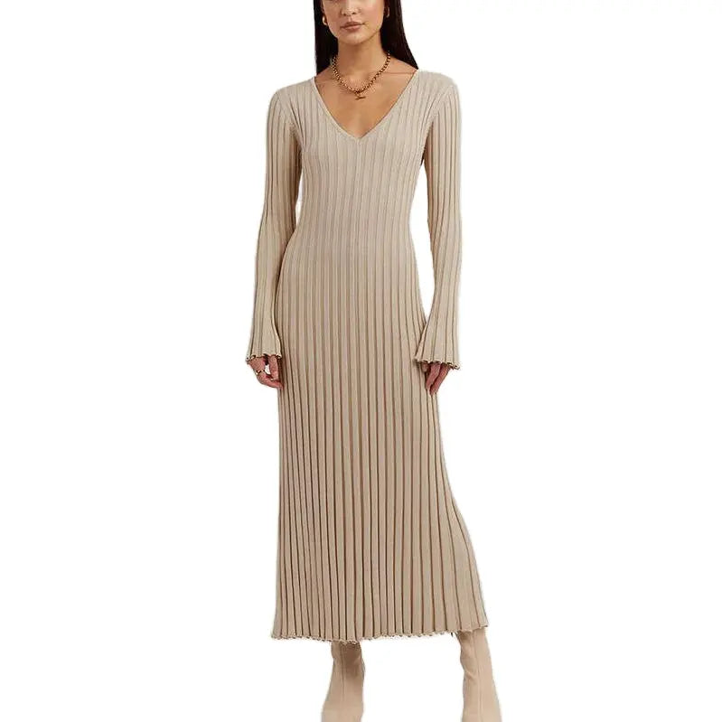 Custom Elegant women Rib knit maxi long dress solid color fashion winter knitwear long sleeve dress women casual sweater dress