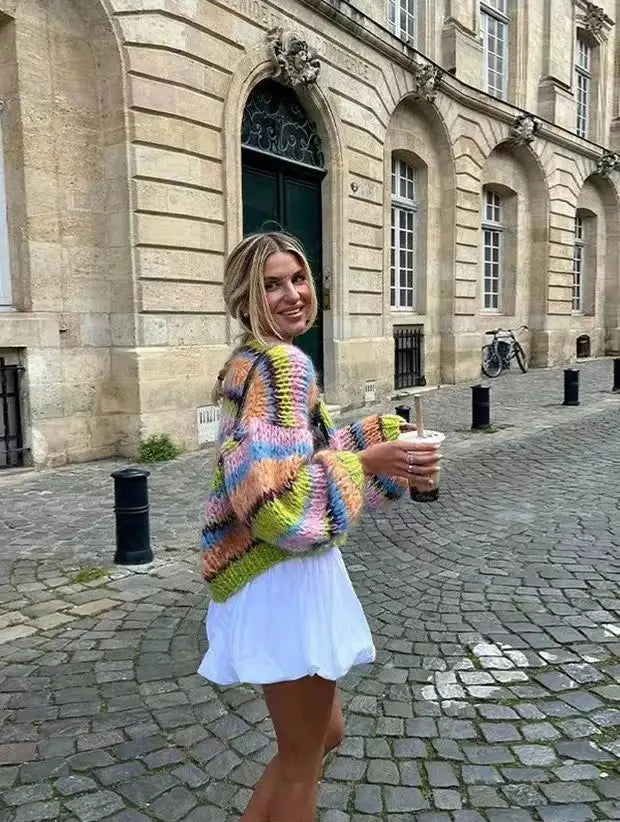 Custom chunky knit oversized striped Cardigan sweater women lady loose knitwear cropped long lantern sleeve cardigan for women