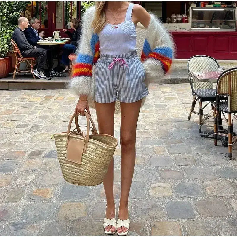 Custom chunky knit oversized striped Cardigan sweater women lady loose knitwear fuzzy long lantern sleeve cardigan for women