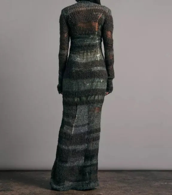 Custom Streetwear Distressed Knit Hollow Out Women Sexy Transparent Crochet Long Maxi Mohair Dresses
