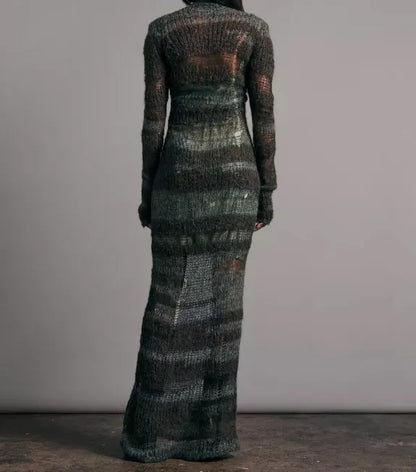 Custom Streetwear Distressed Knit Hollow Out Women Sexy Transparent Crochet Long Maxi Mohair Dresses