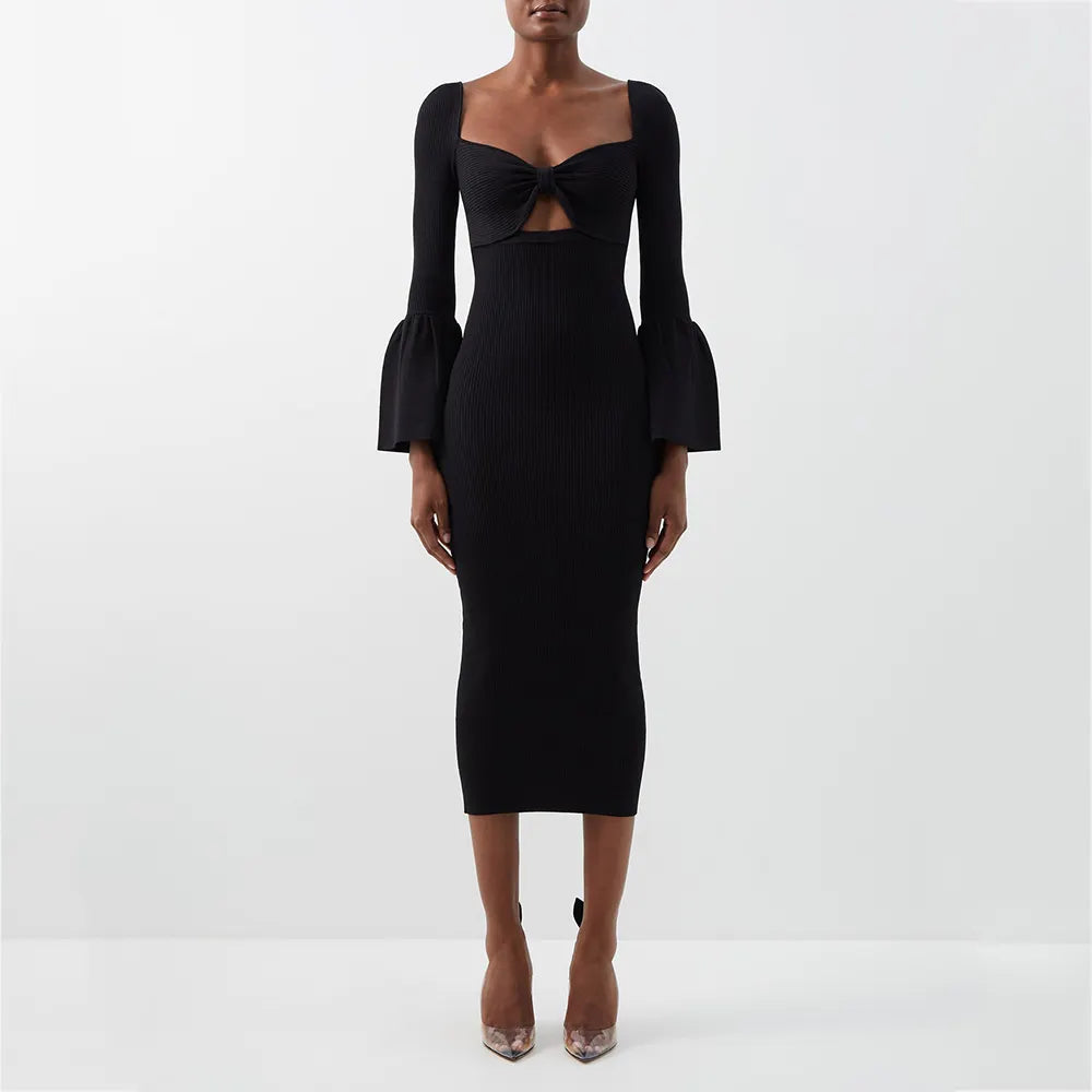 knitwear manufacturer Custom black casual women dress Cutout elegant ribbed knitted midi sweater dress elegant women clothing