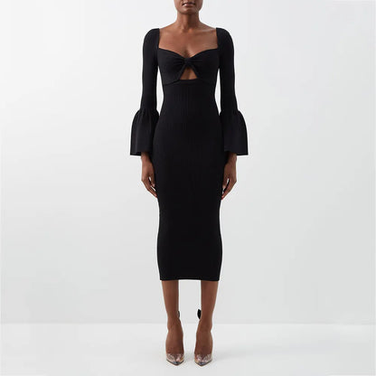 knitwear manufacturer Custom black casual women dress Cutout elegant ribbed knitted midi sweater dress elegant women clothing