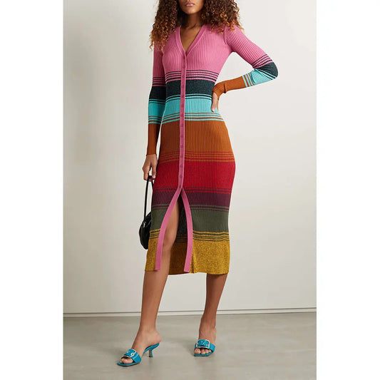 Custom Y2K casual ribbed knitted dresses sling striped maxi long sweater dress cardigan women clothing