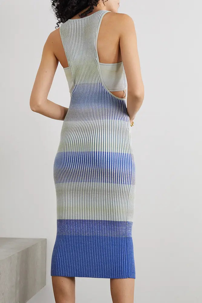 Midi Dress Fashion Lady Elegant Summer Girls Casual Womens Dresses Knitting Dresses Cutout Space-Dyed Ribbed-Knit Bodycon