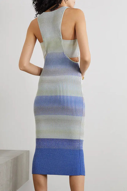 Midi Dress Fashion Lady Elegant Summer Girls Casual Womens Dresses Knitting Dresses Cutout Space-Dyed Ribbed-Knit Bodycon