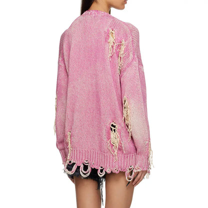 Knitwear Custom oversized Women sweater Fashion Pullover Distressed Knitted cardigan Winter Pink cardigan Sweater for women