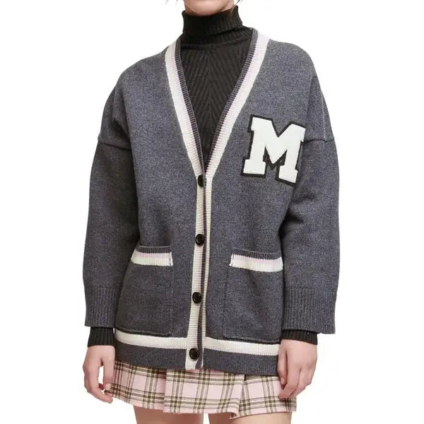 Custom Embroidered Logo Women's V-neck Cardigan Sweater - Woolen College Varsity Cardigan with Pockets