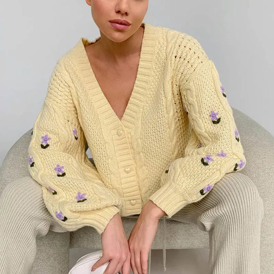 Chic Flower Knitted Cardigan – Women’s V-neck Long Sleeve Loose Sweater Coat, Korean Fashion Top