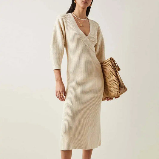 Custom Puffed Sleeves Ribbed Cotton Knit Midi Dress Custom Fashion Lady Elegant Girls Casual Womens Dresses Knitting Dresses