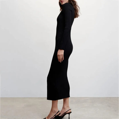 Custom new autumn high-end black rib knit long dress casual lady girls zip up knitted sweater dresses for women