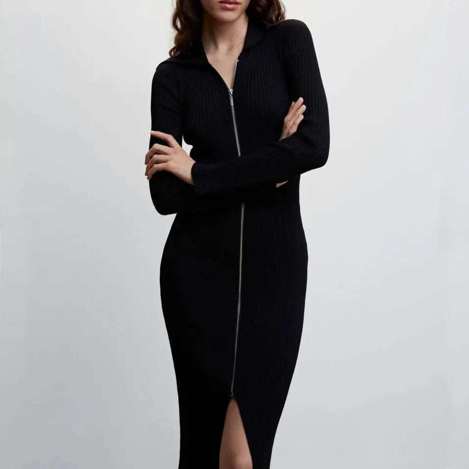 Custom new autumn high-end black rib knit long dress casual lady girls zip up knitted sweater dresses for women