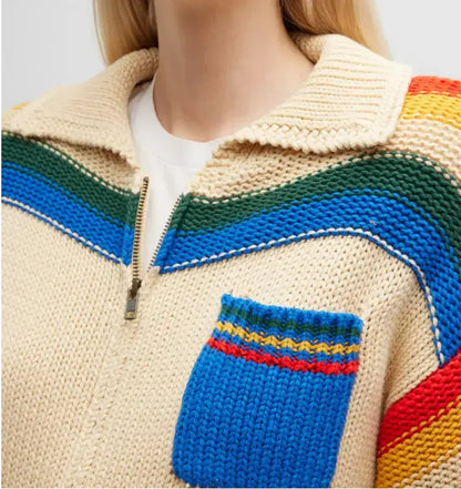 Winter Clothes Custom classic lapel contrast color striped zipper open chest knitted women's cardigans long sleeve girls sweater