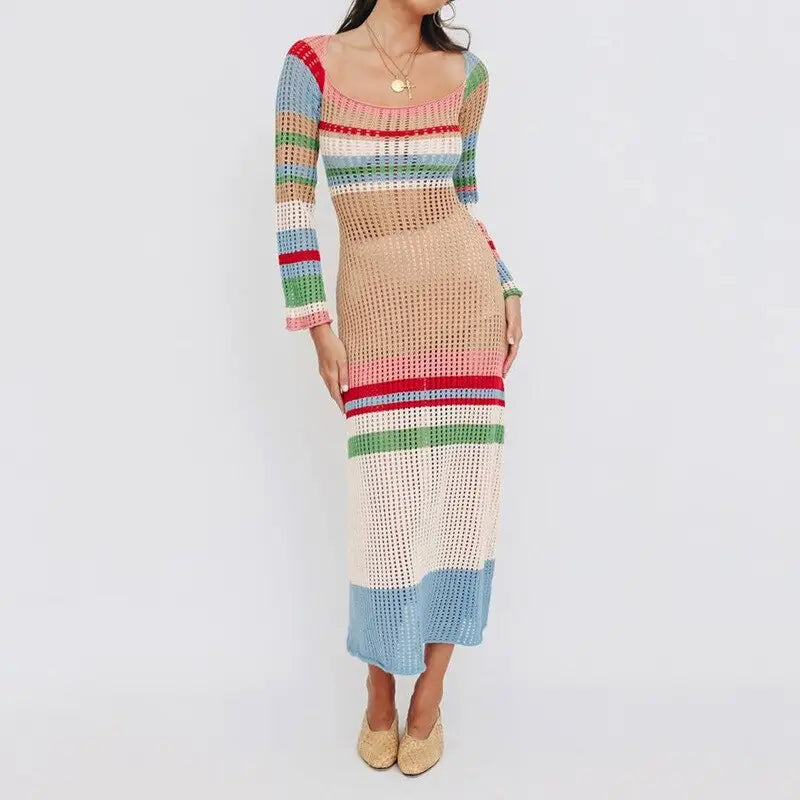 Summer Hollow out cover up crochet knit dress summer beach Striped Dress Long Sleeve Knitted Dress Women Sweater
