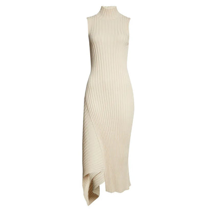 Custom Asymmetric Knit Cotton Dress for Women – Sleeveless Maxi Long Ribbed Knitted Luxury Sweater Dress