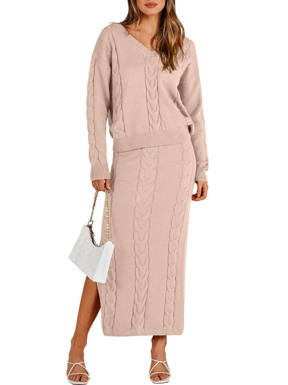 Custom Women's 2 Piece Sweater Winter V neck Oversized cable Long Sleeve Knit Tops and Slit Dress