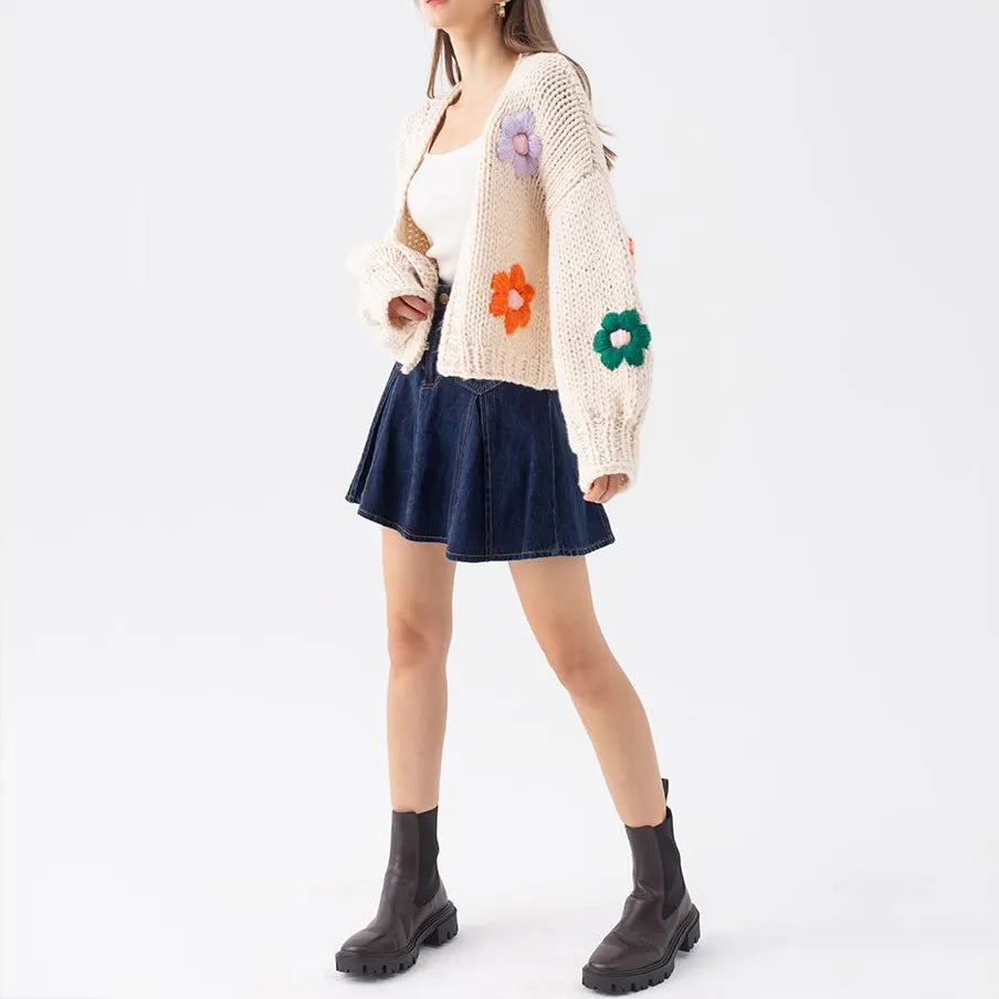 Custom sweater cardigan women knitwear ladies handmade chunky knitted floral cardigan girls cropped top women sweater
