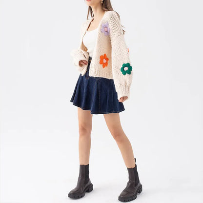 Custom sweater cardigan women knitwear ladies handmade chunky knitted floral cardigan girls cropped top women sweater