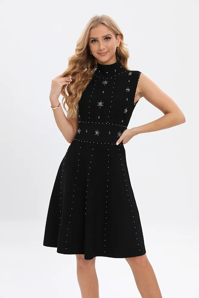 Knitwear manufacturers Custom designer sleeveless knit Beading Bandage halter Mini Black Evening Party knit dress women sweater