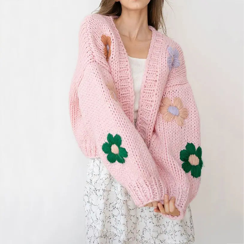 Custom sweater cardigan women knitwear ladies handmade chunky knitted floral cardigan girls cropped top women sweater