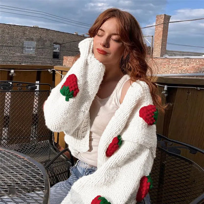 Women 2024 New Strawberry Accessory V-neck Knitted Cardigan Sweater Loose Lantern Sleeve Jacket Short Sweater