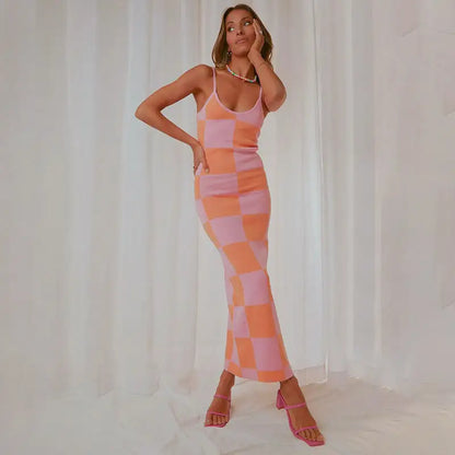 Custom Y2K summer casual checkerboard sweater bodycon dresses sling knitted long maxi dress women clothing