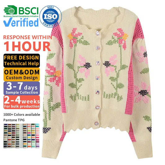 Custom Retro embroidered Pattern Jacquard Knitted Sweater Ladies Winter Sweater vintage knit floral Cardigan for women