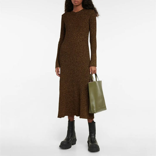Knitwear manufacturer Custom OEM & ODM women Metallic ribbed knit sweater dress winter warm long sleeve sweater dress