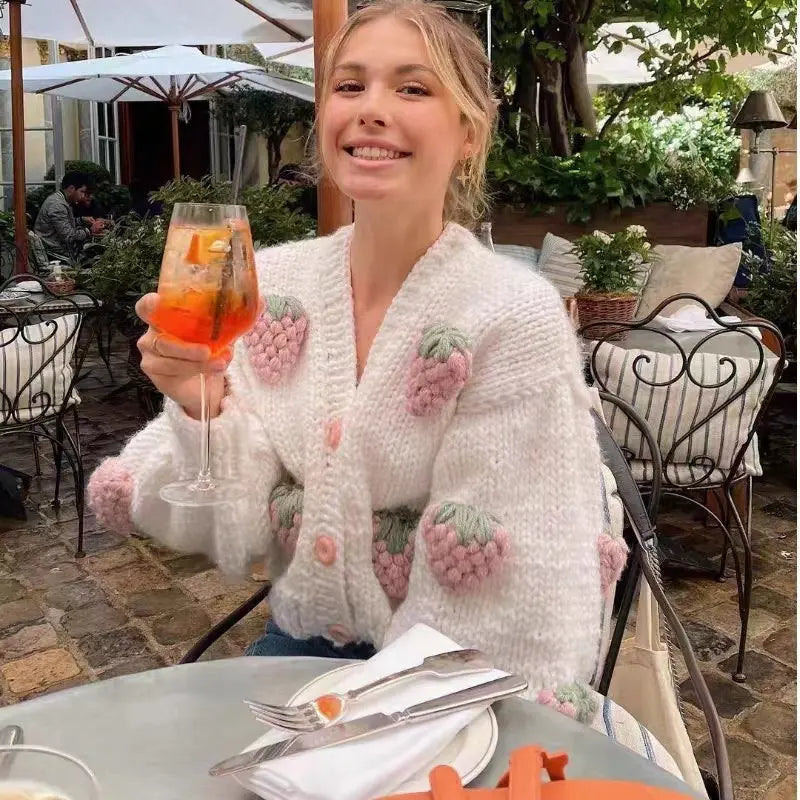Women 2024 New Strawberry Accessory V-neck Knitted Cardigan Sweater Loose Lantern Sleeve Jacket Short Sweater