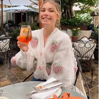 Women 2024 New Strawberry Accessory V-neck Knitted Cardigan Sweater Loose Lantern Sleeve Jacket Short Sweater
