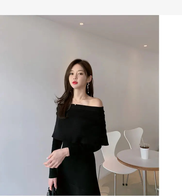 High Quality New Elegant Sexy Solid Color Off Collar Slim Fit Ruffled Knitted Bottoming Sweater Dress for Women