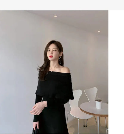 High Quality New Elegant Sexy Solid Color Off Collar Slim Fit Ruffled Knitted Bottoming Sweater Dress for Women