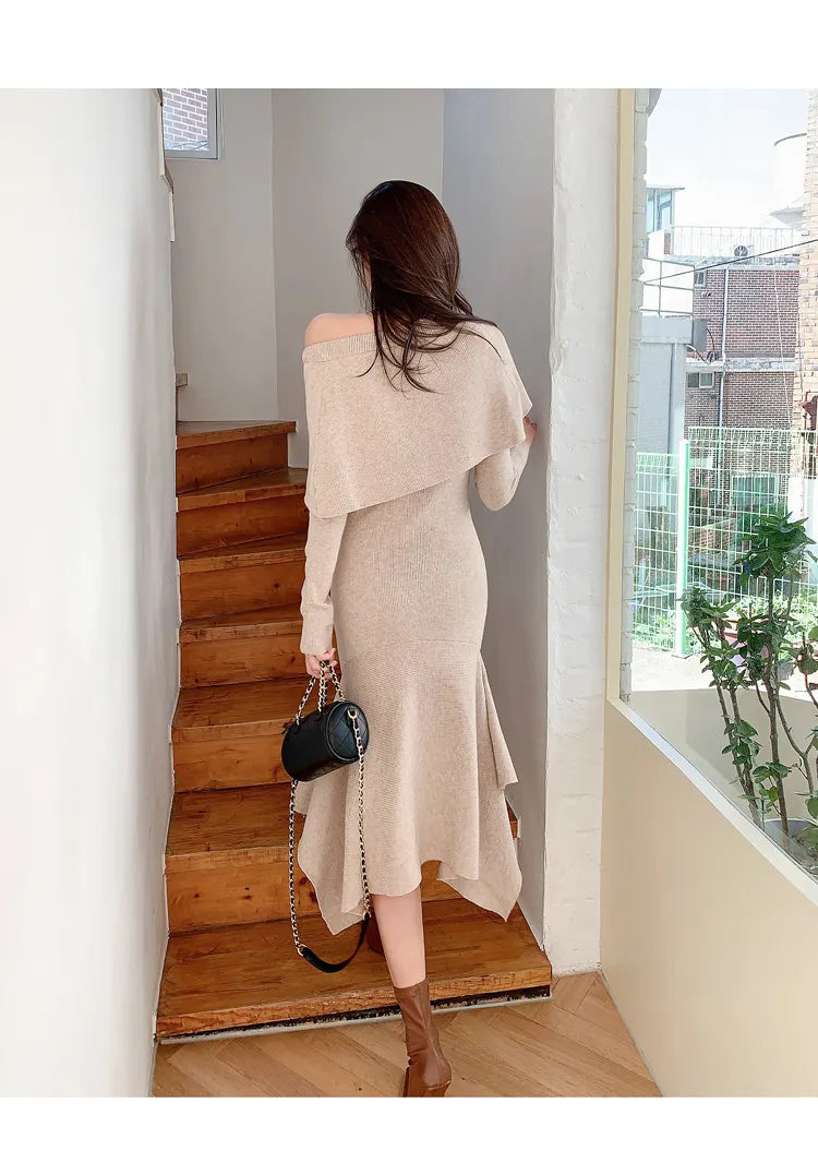 High Quality New Elegant Sexy Solid Color Off Collar Slim Fit Ruffled Knitted Bottoming Sweater Dress for Women