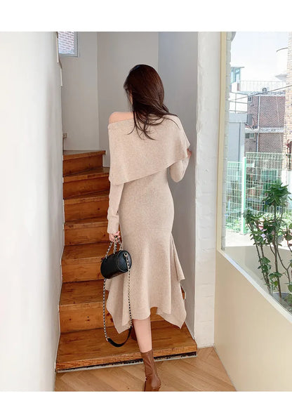 High Quality New Elegant Sexy Solid Color Off Collar Slim Fit Ruffled Knitted Bottoming Sweater Dress for Women