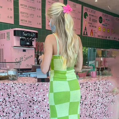 Custom Y2K summer casual checkerboard sweater bodycon dresses sling knitted long maxi dress women clothing