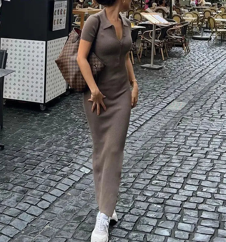 Knitwear manufacturer Custom sleeveless polo neck sweater Robe Long knit dress ladies Rib knit Slim Elegant Women Maxi Dress