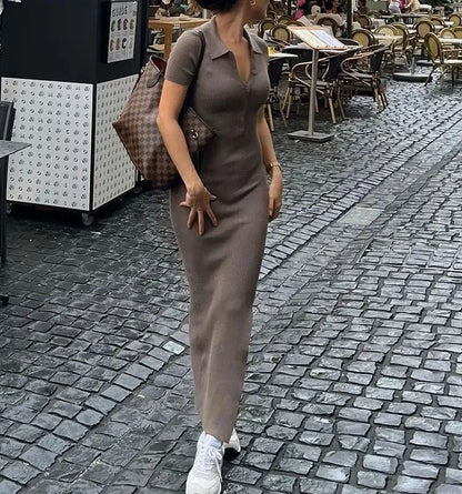 Knitwear manufacturer Custom sleeveless polo neck sweater Robe Long knit dress ladies Rib knit Slim Elegant Women Maxi Dress
