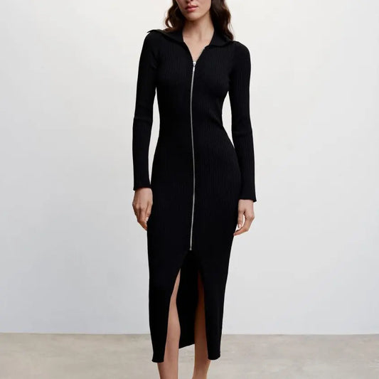 Custom new autumn high-end black rib knit long dress casual lady girls zip up knitted sweater dresses for women