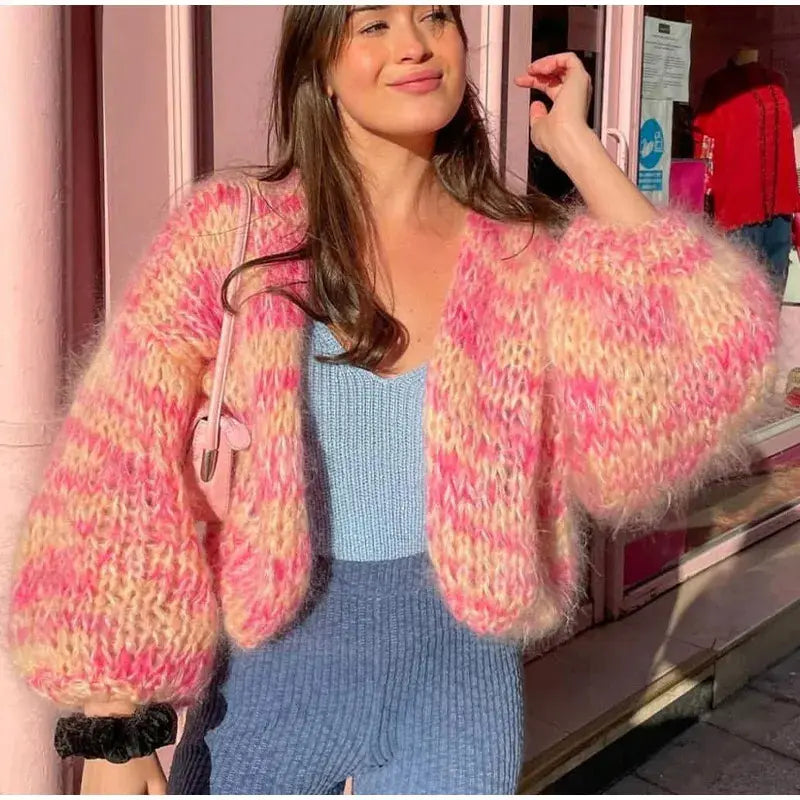 Custom chunky knit oversized Cardigan sweater women lady loose knitwear cropped long lantern sleeve cardigan for women
